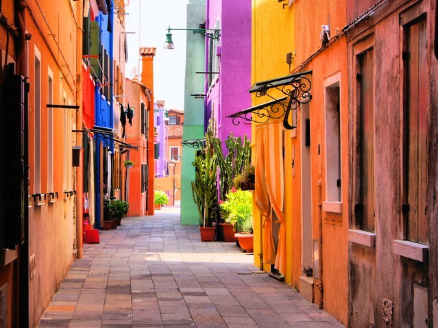 Colorful street in Burano, near Venice, Italy